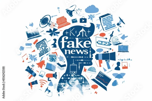 Fake news concept with a human head silhouette surrounded by various media icons