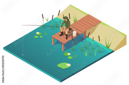 Man fishing from a wooden pier on a lake with water lilies on the surface, isometric illustration, white background, outdoor leisure. Vector illustration