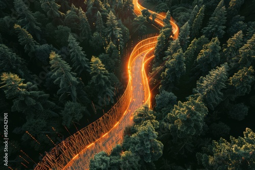Digital data highway flowing through a dense forest