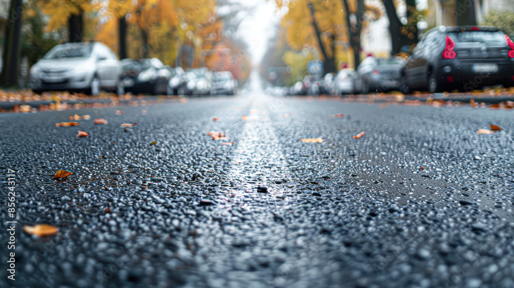 A street with cars parked on both sides and a line of leaves on the road A street with cars parked on both sides and a line of leaves on the road