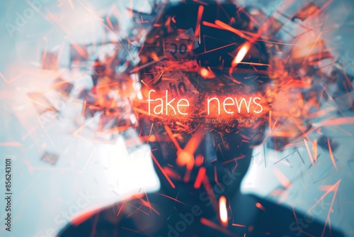 Fake news surrounding a human head with fragmented red and orange particles