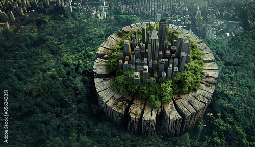 Cityscape emerging from tree stump surrounded by forest