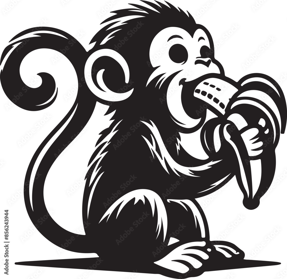 Vector illustration of The Funny monkey is eating a banana silhouette on white background Vector illustration of The Funny monkey is eating a banana silhouette on white background