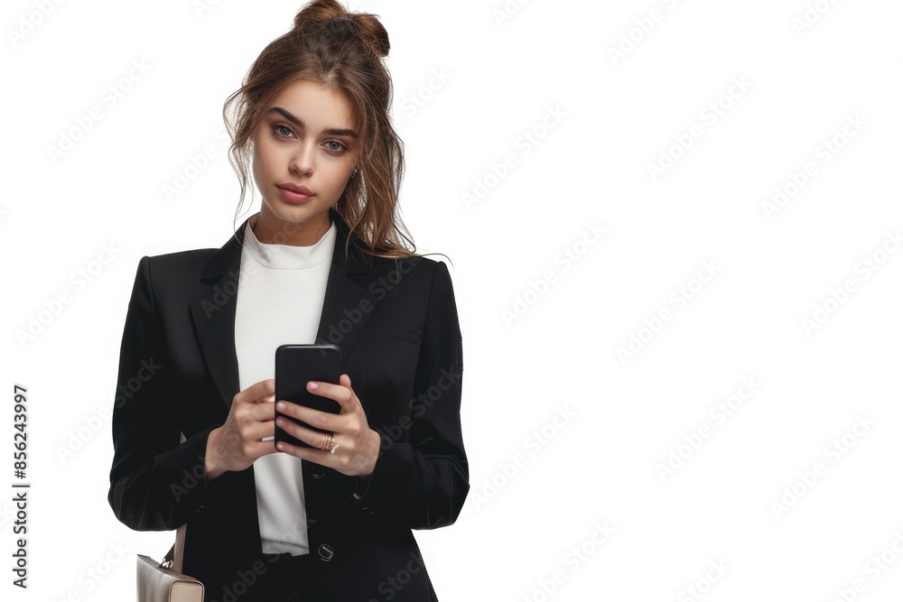 Stylish businesswoman in black suit with phone and coffee. Stylish businesswoman in black suit with phone and coffee.