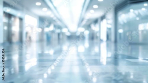 Blurred shopping mall background. Blurred wide shopping mall interior background with bright lights and shiny floor tiles, perfect for product placement or business concepts.