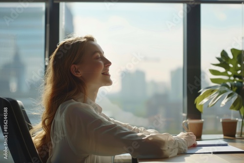 Free Download Cheerful accountant daydreaming at desk in modern office. - GFXLoad