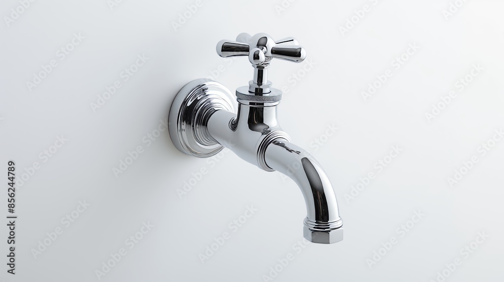 A sleek water faucet, shining with a chrome finish, isolated against a white background, epitomizes modern simplicity. A sleek water faucet, shining with a chrome finish, isolated against a white background, epitomizes modern simplicity.