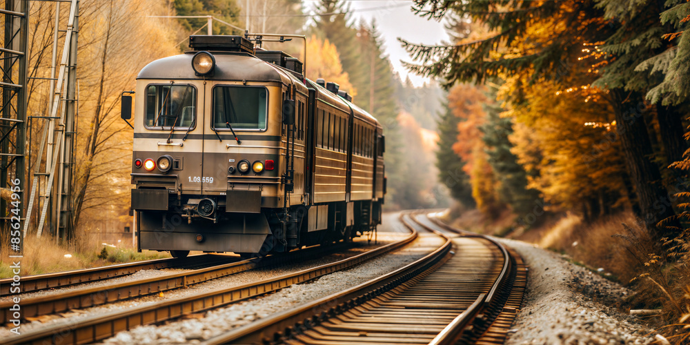 Naklejka premium Vintage train traveling through autumn forest
