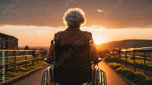Elderly Woman in Wheelchair at Sunset Healthcare for Disabled and Handicapped