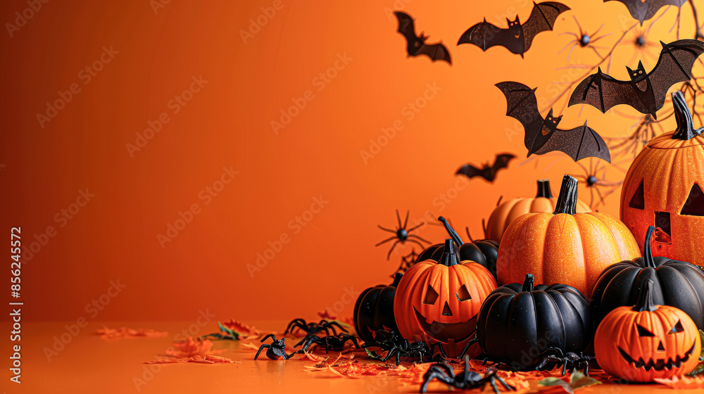 A Halloween themed background with orange leaves and pumpkins A Halloween themed background with orange leaves and pumpkins