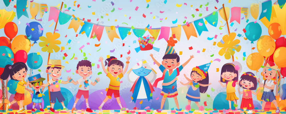 Obraz premium Children's Day background with a fun parade, children dressed in costumes, holding flags, and a background of vibrant floats, confetti, and cheering crowds.