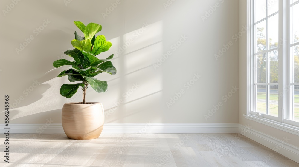 Tall fiddle leaf fig tree in a rustic clay pot, sitting on white oak floors of a modern farmhouse dining room, large windows flooding the space with natural light Tall fiddle leaf fig tree in a rustic clay pot, sitting on white oak floors of a modern farmhouse dining room, large windows flooding the space with natural light