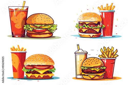 Fast food vector art illustration cartoon vector icon set. Pizza slice, taco, sandwich, roasted turkey, fried egg, french fries, paper cup, hamburger soft drinks generated ai