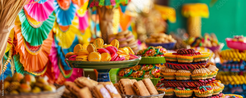Naklejka premium Festa Junina background with a close-up of a traditional Brazilian dessert table, colorful sweets, and straw decorations, set against a backdrop of a festive celebration.