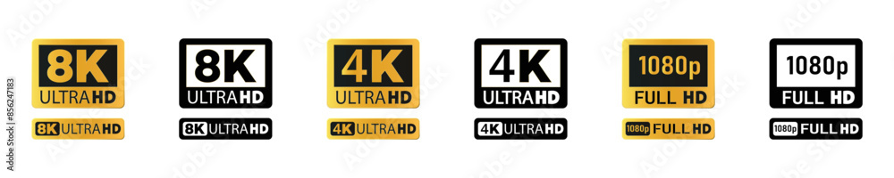 8K gold badge icon set. 8K icons. 4k Ultra HD. 4K UHD. 4K TV symbol of standard high definition monitor resolution vector.