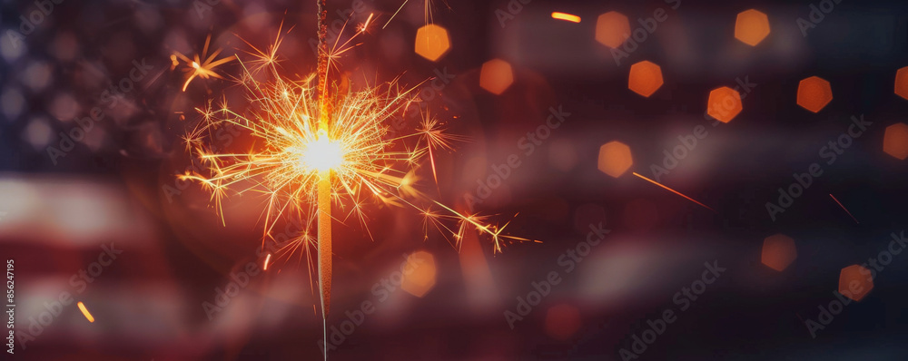 Fototapeta premium Independence Day USA background with a close-up of a sparklers and American flag in the background.