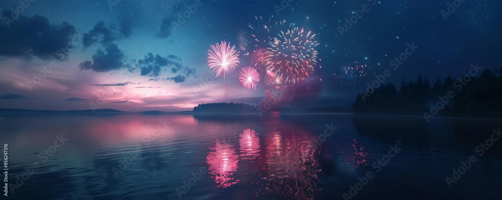 Independence Day USA background with a night scene of fireworks over a serene lake. Independence Day USA background with a night scene of fireworks over a serene lake.