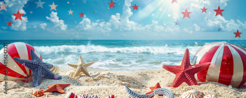 Independence Day USA background with a patriotic beach party scene, featuring red, white, and blue decorations.