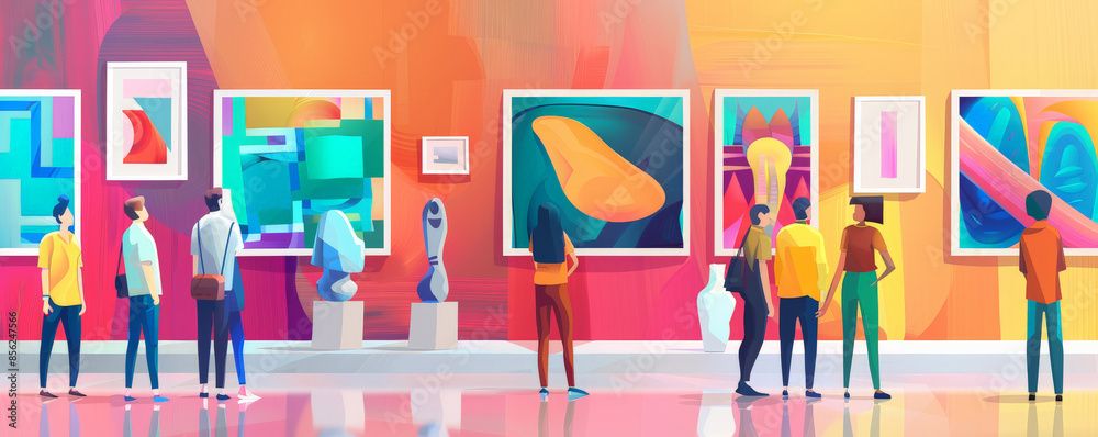 International Friendship Day background showcasing friends at a colorful art gallery, appreciating various artworks, with detailed textures of canvases and sculptures. International Friendship Day background showcasing friends at a colorful art gallery, appreciating various artworks, with detailed textures of canvases and sculptures.