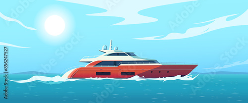 A red yacht is sailing on the ocean against a bright blue sky background. Concept of luxury, adventure, travel, and water recreation. Vector illustration