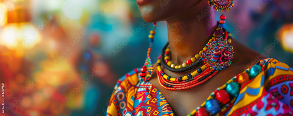 Obraz premium Juneteenth background featuring a close-up of traditional African American attire, vibrant patterns, symbolic jewelry, set against a backdrop of a lively celebration.