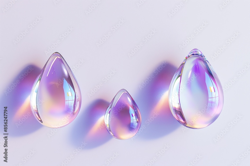 3D rendering set of iridescent glass droplets suspended in mid-air on a white background, with vibrant light reflections and subtle shadows 3D rendering set of iridescent glass droplets suspended in mid-air on a white background, with vibrant light reflections and subtle shadows