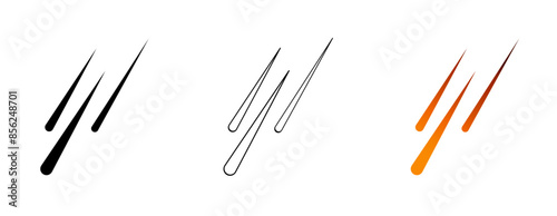 Set of vector meteor shower icons, isolated on a transparent background - Meteors falling in black, in line art, and in gradient with a 3D effect