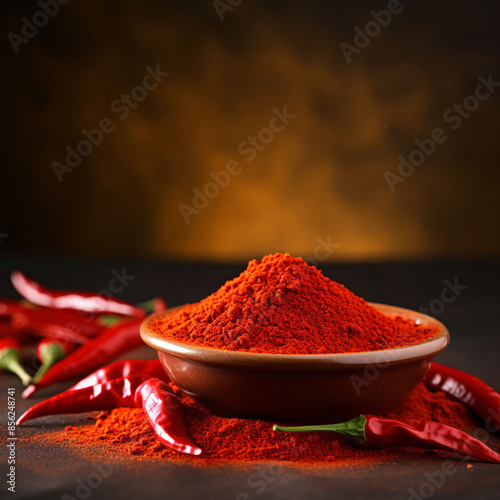 spicy red chilli powder with super chilli background,chilli powder with blur background,red chilli powder in bowlwith dry chillies photo