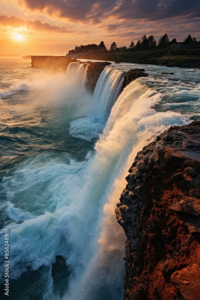 A stunning waterfall plunges into the ocean at sunset A stunning waterfall plunges into the ocean at sunset