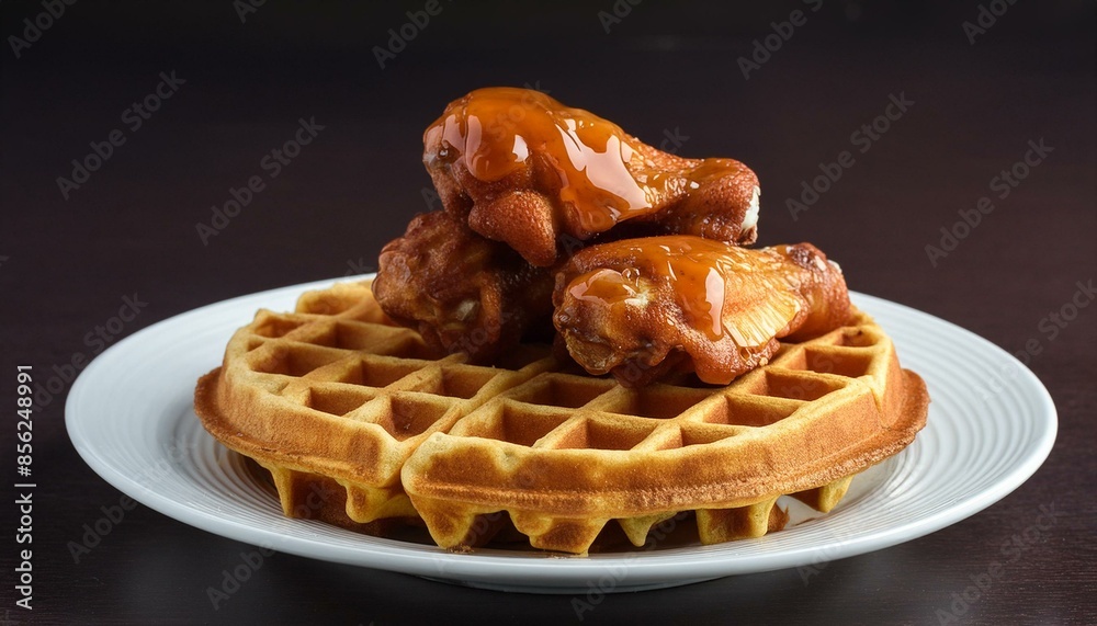 chicken wings on top of a waffle with syrup on top on a white plate; chicken and waffles chicken wings on top of a waffle with syrup on top on a white plate; chicken and waffles