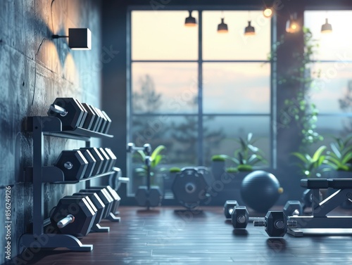 gym interior background of dumbbells on rack in fitness and workout room PHOTOGRAPHY