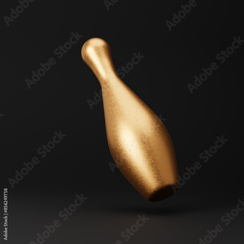 Gold bowling pin isolated over black background. 3D rendering.