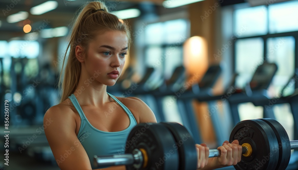 Fototapeta premium Attractive young female exercising with a dumbbell, focused on her workout in a gym environment
