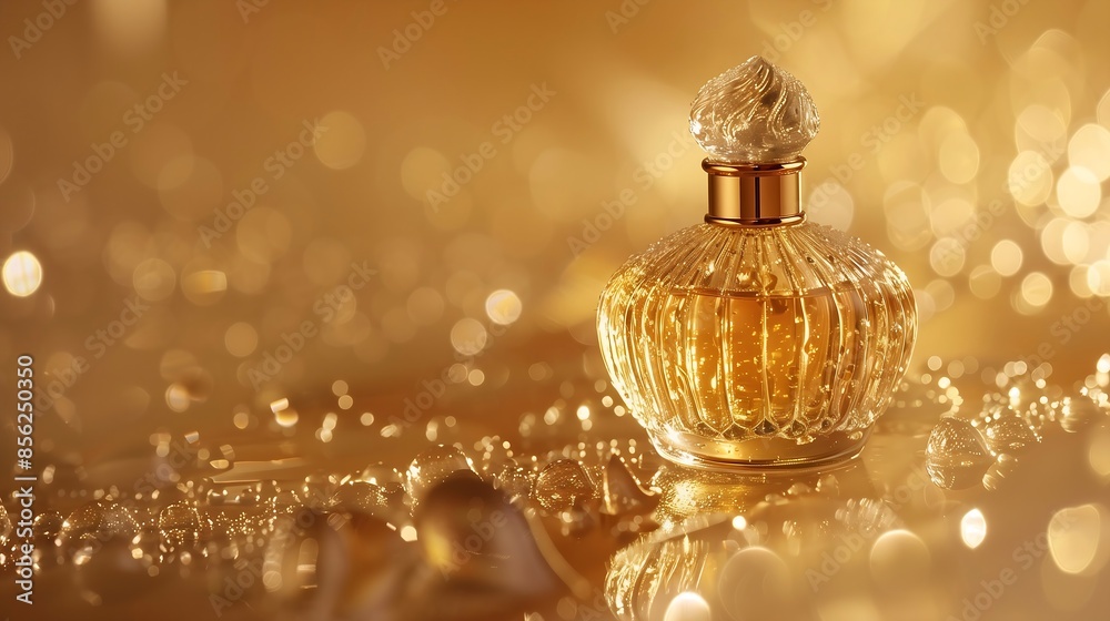 Luxurious transparent glass perfume bottle on a golden backdrop, accented with glistening water drops Luxurious transparent glass perfume bottle on a golden backdrop, accented with glistening water drops