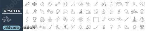64 Minimalist Sports Vector Icons Set - Outline Style for Web and Print Design. Diverse Collection of Sports and Fitness Icons.