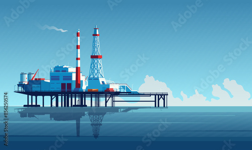Offshore oil rig illustration with chimneys and structures on water, against a bright blue sky and cloud background. Vector illustration