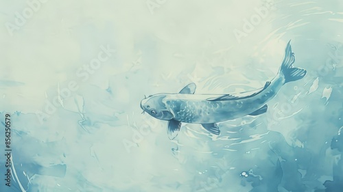 Watercolor Illustration of Solo Koi. A lone koi fish swimming gracefully in a soft blue pond.
