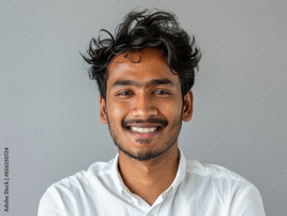 Fototapeta premium Portrait of a joyful indian man in his 20s smiling at the camera isolated in soft gray background