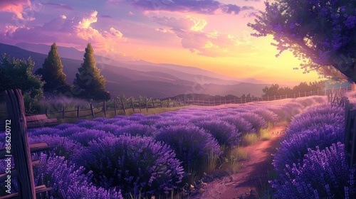 A field of blooming lavender leading to a quaint wooden fence under a pastel sunset sky.