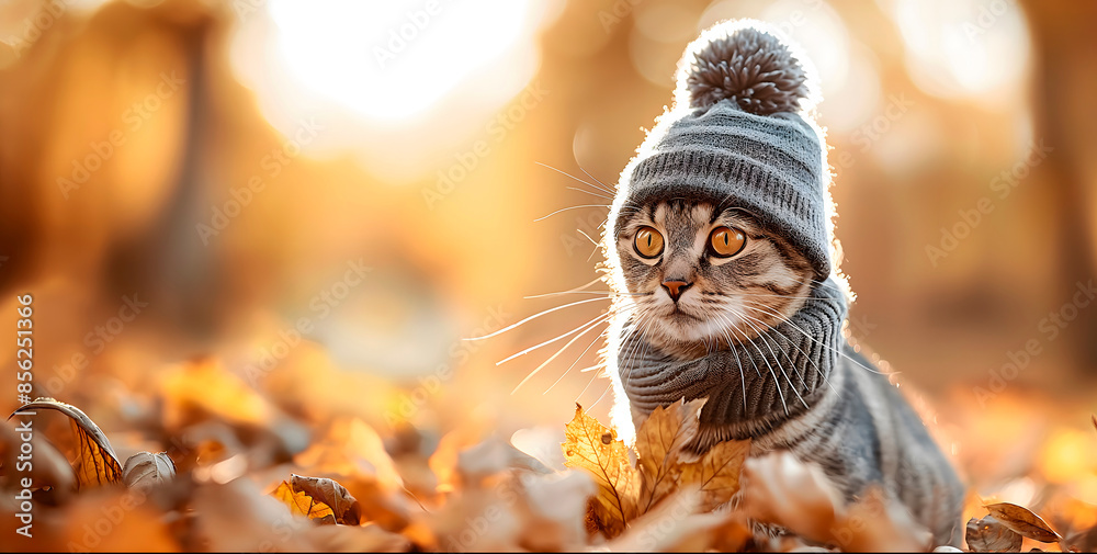 autumn banner with adorable cat wearing a cozy hat and scarf in a golden forest - ideal for seasonal promotions with ample space for your text autumn banner with adorable cat wearing a cozy hat and scarf in a golden forest - ideal for seasonal promotions with ample space for your text