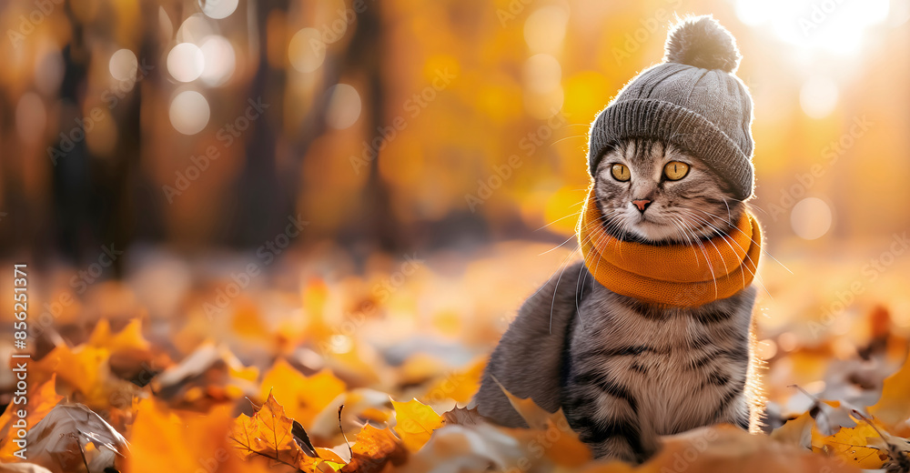 autumn banner with a stylish cat in a hat and scarf surrounded by fall foliage - great for marketing campaigns with text space autumn banner with a stylish cat in a hat and scarf surrounded by fall foliage - great for marketing campaigns with text space