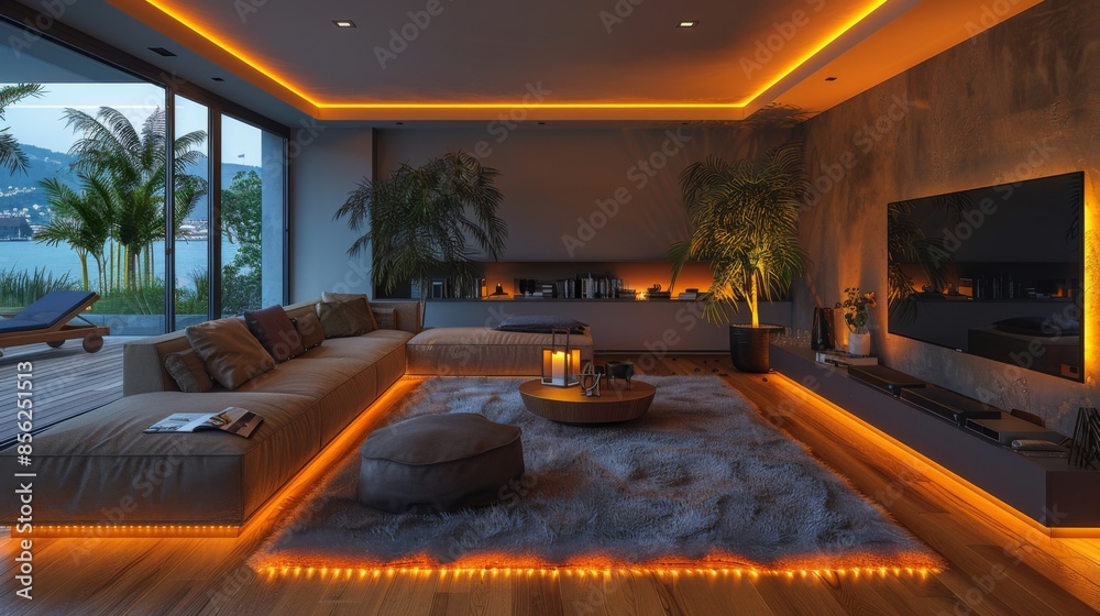 Fototapeta premium Create a cozy yet contemporary living room retreat at night with a plush sofa, a big-screen TV, and LED strips
