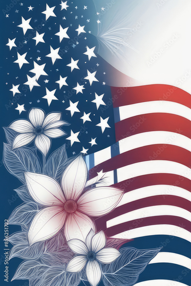 Fototapeta premium Patriotic American Flag, stars, stripes and flowers digital background in watercolor style.