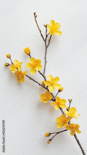 Yellow cherry blossom branch on white background, minimalistic natural beauty concept