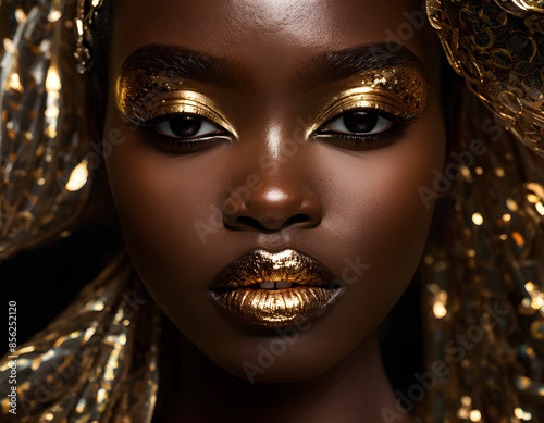 Gleaming Majesty: An African Woman's Gold-Kissed Face
