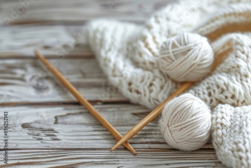 Knitting needles and yarn on wooden background natural wool knitting background