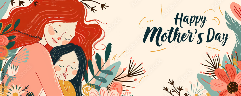 Mother's Day Illustration with Mother and Child. Happy Mother's Day Card with Floral Design Mother's Day Illustration with Mother and Child. Happy Mother's Day Card with Floral Design