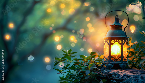 vintage latern on evening bokeh nature background © Oleksiy