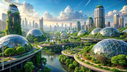 Metropolis skyline with suspended bio-domes and lush floating gardens , futuristic, hanging gardens photo