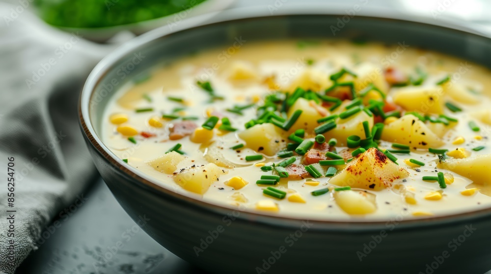 Vibrant close-up of bacon potato and corn chowder, rich and creamy, topped with chopped chives, presented in a cozy kitchen setting, emphasizing the fresh and homemade appeal Vibrant close-up of bacon potato and corn chowder, rich and creamy, topped with chopped chives, presented in a cozy kitchen setting, emphasizing the fresh and homemade appeal